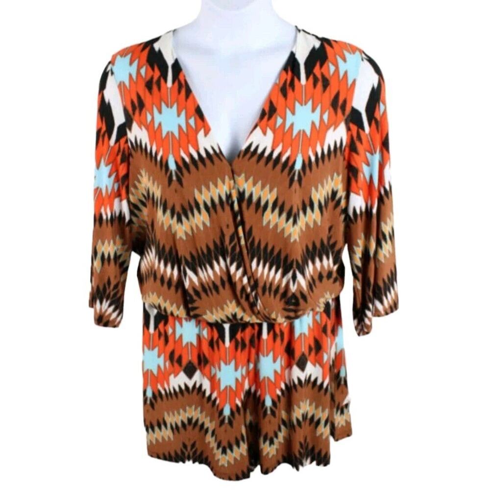 INC International Concepts Romper Women's 3X V Neck Pockets Tribal Aztec